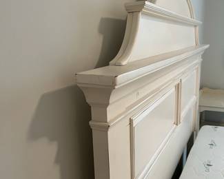 M38 - $450. Universal Furniture Queen Bed - off white. Measures 69" wide x 88" deep x 69" tall. Sturdy and in very good condition. (Clean Earth Care Mattress included if you'd like it.)