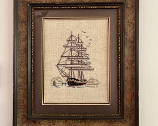 M86 - $20. Cross Stitch Boat. Measures 10.5" x 12" framed. 