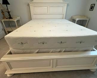 M38 - $450. Universal Furniture Queen Bed - off white. Measures 69" wide x 88" deep x 69" tall. Sturdy and in very good condition. (Clean Earth Care Mattress included if you'd like it.)