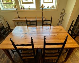 M23 - $575. Southern Season Farmhouse Dining Table & 6 Rush Seat Chairs. Table Measures 72" x 41" x 30.5" tall. 6 chairs are 17.5" wide x 18" floor to seat x 44.5" tall. Designed to look old but they are modern & sturdy!