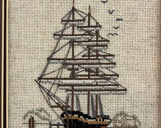 M86 - $20. Cross Stitch Boat. Measures 10.5" x 12" framed. 