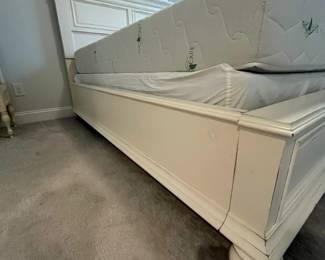 M38 - $450. Universal Furniture Queen Bed - off white. Measures 69" wide x 88" deep x 69" tall. Sturdy and in very good condition. (Clean Earth Care Mattress included if you'd like it.)