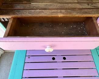 M77 - $75. Teak Potting Bench. Metal hinges do have rust. Has been used / store in a covered screened in porch. Measures 42" wide x 23" deep x 57" tall. Leaf adds 19.5". Does wiggle a bit and could use some tightening up. 