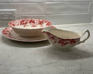 M22 - $300. "Strawberry Fair" Made in England Johnson Brothers. 8 dinner plates. 8 square salad plates. 8 Bread & Butter. 8 saucers. 7 cups. 8 Berry Bowls. 1 platter. 1 serving bowl. 1 gravy boat. 1 covered serving bowl. 