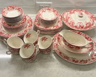 M22 - $300. "Strawberry Fair" Made in England Johnson Brothers. 8 dinner plates. 8 square salad plates. 8 Bread & Butter. 8 saucers. 7 cups. 8 Berry Bowls. 1 platter. 1 serving bowl. 1 gravy boat. 1 covered serving bowl. 