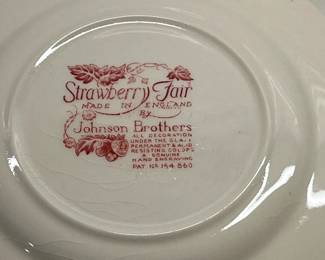 M22 - $300. "Strawberry Fair" Made in England Johnson Brothers. 8 dinner plates. 8 square salad plates. 8 Bread & Butter. 8 saucers. 7 cups. 8 Berry Bowls. 1 platter. 1 serving bowl. 1 gravy boat. 1 covered serving bowl. 