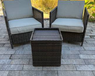 M74 - $175. 3 Piece Set. Chairs are both bouncy chairs - cushions are in good condition. 23" wide x 30" deep. Storage ottoman has removable tray with handles. 17.5" square x 18" tall. All pieces are sturdy!