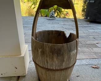 M78 - $20. Wooden Well Bucket with Handle. Measures 13" x 24". NO BOTTOM. Needs repair. 
