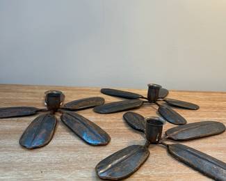 M66 - $25. Set of 3 Metal Leaf Candle Holders. Signed Bill B. 