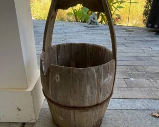 M78 - $20. Wooden Well Bucket with Handle. Measures 13" x 24". NO BOTTOM. Needs repair. 