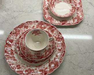 M22 - $300. "Strawberry Fair" Made in England Johnson Brothers. 8 dinner plates. 8 square salad plates. 8 Bread & Butter. 8 saucers. 7 cups. 8 Berry Bowls. 1 platter. 1 serving bowl. 1 gravy boat. 1 covered serving bowl. 