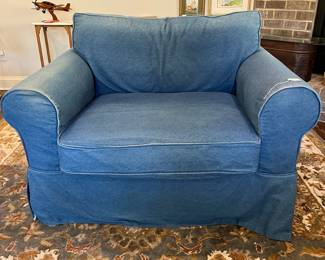 M72 - $250. Craftmaster Chair with Denim Slipcover. Measures 48" wide x 38" deep x 31" tall. 