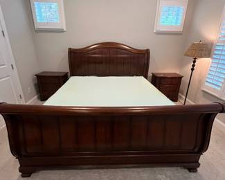 M34 - $225. King Bed Frame. NO Mattress included. Measures 81" wide x 95" long. Footboard is 36" tall. Headboard is 59" tall. 