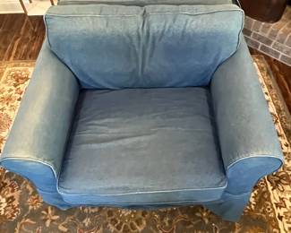 M72 - $250. Craftmaster Chair with Denim Slipcover. Measures 48" wide x 38" deep x 31" tall. 