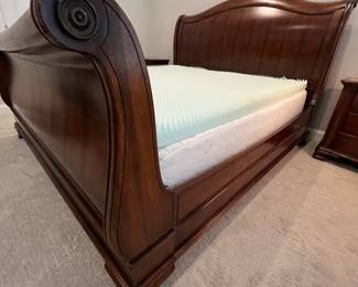M34 - $225. King Bed Frame. NO Mattress included. Measures 81" wide x 95" long. Footboard is 36" tall. Headboard is 59" tall. 