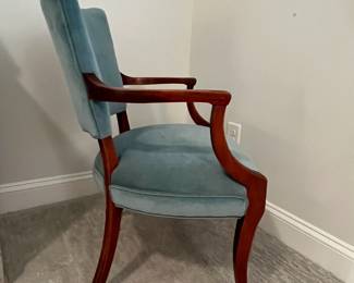 M47 - $35. Single Arm Chair. Measures 24" wide x 19" deep x 34" tall. Velour fabric is more of a green blue than it looks in the photo. 