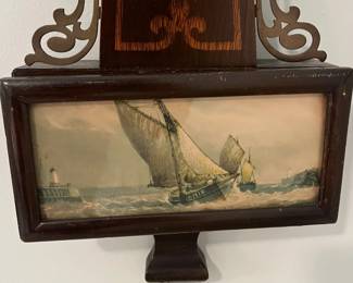 M46 - $25. Sessions Clock. Eight Day Lever Time. Mahogany Finish Case. Measures 7.5" wide x 23.5" tall. 