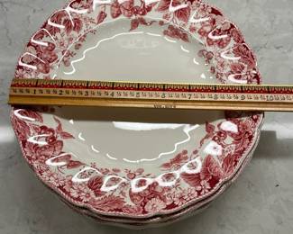 M22 - $300. "Strawberry Fair" Made in England Johnson Brothers. 8 dinner plates. 8 square salad plates. 8 Bread & Butter. 8 saucers. 7 cups. 8 Berry Bowls. 1 platter. 1 serving bowl. 1 gravy boat. 1 covered serving bowl. 