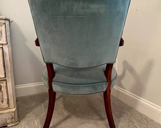 M47 - $35. Single Arm Chair. Measures 24" wide x 19" deep x 34" tall. Velour fabric is more of a green blue than it looks in the photo. 