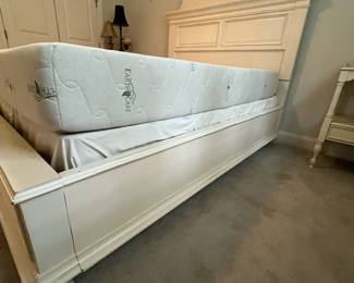 M38 - $450. Universal Furniture Queen Bed - off white. Measures 69" wide x 88" deep x 69" tall. Sturdy and in very good condition. (Clean Earth Care Mattress included if you'd like it.)