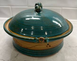 M100 - $15. Lidded Pottery Dish. Measures 9.5" across x 4.5" tall. 