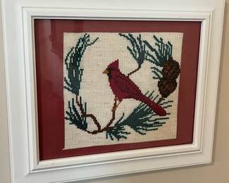 M58 - $20. Cardinal Cross Stitch. Measures 12.5" x 10.5" Framed. 