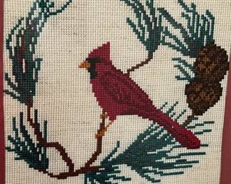 M58 - $20. Cardinal Cross Stitch. Measures 12.5" x 10.5" Framed. 