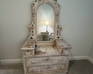 M8 - $175. Shabby Chic Vanity. Measures 41" wide x 18" deep x 72". Drawers all slide!