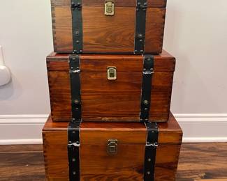 M80 - $30. Decorative Wooden Crates. Leather straps have all been torn off but the boxes themselves are in good condition. All open and can be used for display or storage. Largest is 17" x 9" x 10" tall. 