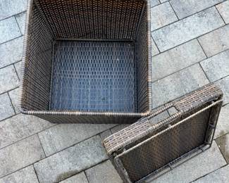 M74 - $175. 3 Piece Set. Chairs are both bouncy chairs - cushions are in good condition. 23" wide x 30" deep. Storage ottoman has removable tray with handles. 17.5" square x 18" tall. All pieces are sturdy!