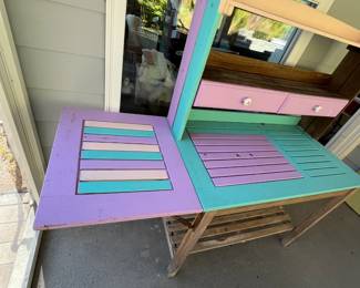 M77 - $75. Teak Potting Bench. Metal hinges do have rust. Has been used / store in a covered screened in porch. Measures 42" wide x 23" deep x 57" tall. Leaf adds 19.5". Does wiggle a bit and could use some tightening up. 