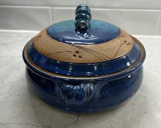M101 - $15. Lidded Pottery Dish. Measures 10" across x 5" tall. 