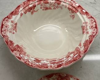 M22 - $300. "Strawberry Fair" Made in England Johnson Brothers. 8 dinner plates. 8 square salad plates. 8 Bread & Butter. 8 saucers. 7 cups. 8 Berry Bowls. 1 platter. 1 serving bowl. 1 gravy boat. 1 covered serving bowl. 