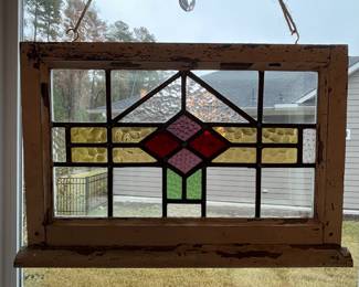 M2 - $95. Stained Glass with hooks to hang in a window. Measures 24.5" x 16.5". No cracks. 