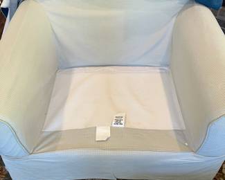 M72 - $250. Craftmaster Chair with Denim Slipcover. Measures 48" wide x 38" deep x 31" tall. 