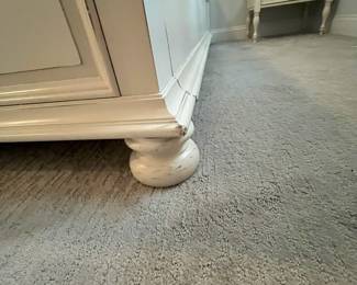 M38 - $450. Universal Furniture Queen Bed - off white. Measures 69" wide x 88" deep x 69" tall. Sturdy and in very good condition. (Clean Earth Care Mattress included if you'd like it.)