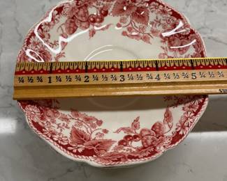 M22 - $300. "Strawberry Fair" Made in England Johnson Brothers. 8 dinner plates. 8 square salad plates. 8 Bread & Butter. 8 saucers. 7 cups. 8 Berry Bowls. 1 platter. 1 serving bowl. 1 gravy boat. 1 covered serving bowl. 