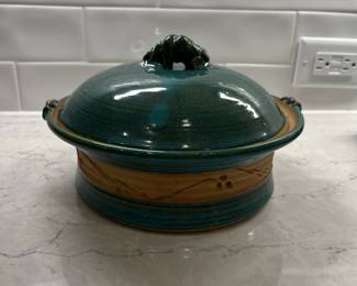 M100 - $15. Lidded Pottery Dish. Measures 9.5" across x 4.5" tall. 