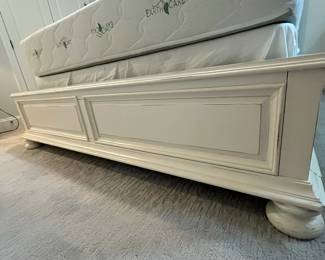 M38 - $450. Universal Furniture Queen Bed - off white. Measures 69" wide x 88" deep x 69" tall. Sturdy and in very good condition. (Clean Earth Care Mattress included if you'd like it.)