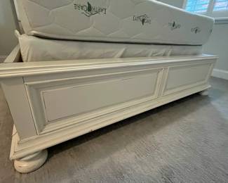 M38 - $450. Universal Furniture Queen Bed - off white. Measures 69" wide x 88" deep x 69" tall. Sturdy and in very good condition. (Clean Earth Care Mattress included if you'd like it.)