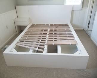West Elm queen platform bed with end table; queen mattress available but bot shown