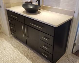 Stunning bath vanity with vessel sink by Bertch; vanity mirror. Two available