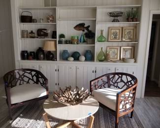 Crate & Barrel Ankara accent chairs; artwork & decor