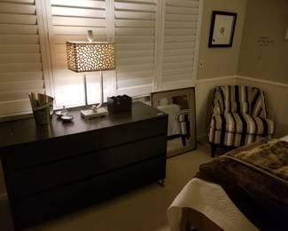 West Elm Hudson 6-drawer dresser; Quoizel table lamp