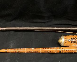 (2) ANTIQUE MASSA-MEERSCHAUM GERMAN TOBACCO PIPE, BRASS STAMPED K.L. & UKRAINIAN INLAID WOOD PIPE
