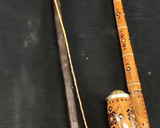 (2) ANTIQUE MASSA-MEERSCHAUM GERMAN TOBACCO PIPE, BRASS STAMPED K.L. & UKRAINIAN INLAID WOOD PIPE