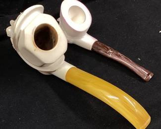 (2) VTG. HAND CARVED MEERSCHAUM MAN WITH PIPE TOBACCO PIPE & MEERSCHAUM SULTAN
