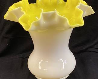 1949 FENTON YELLOW OVERLAY RUFFLED VASE, SCARCE 6in H