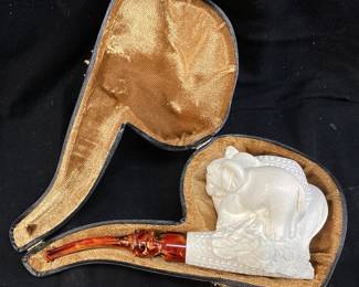 MEERSCHAUM SEPIOLITE CARVED ELEPHANTS TOBACCO PIPE, MADE IN TURKEY, WITH CASE