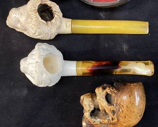  (3) MEERSCHAUM HAND CARVED LION TOBACCO PIPES, MADE IN TURKEY, 1 CASE